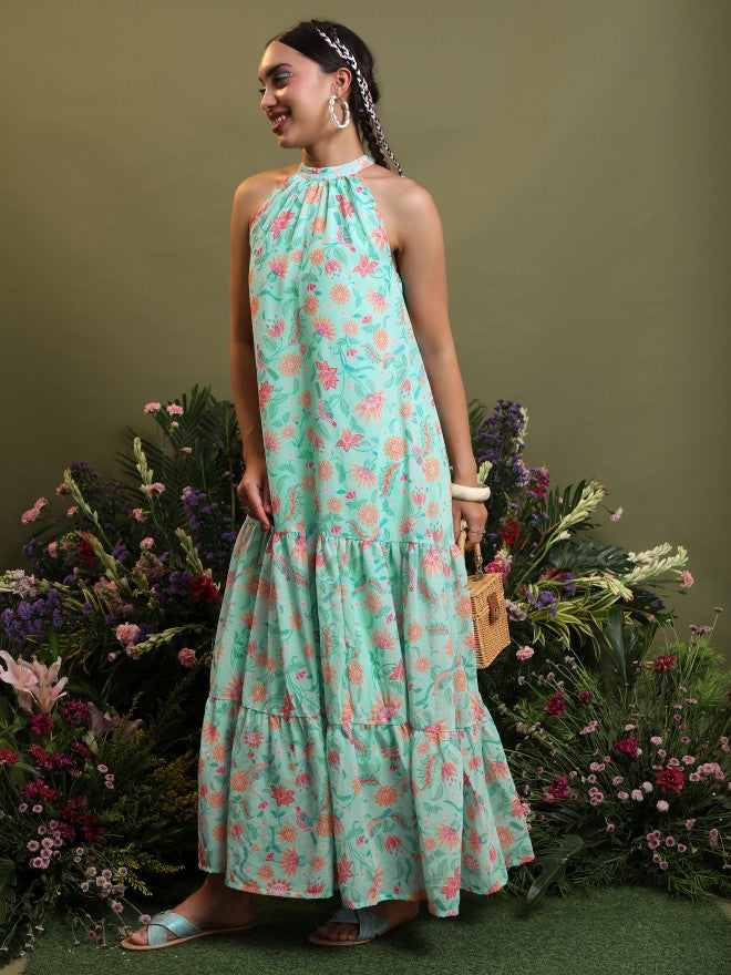 Vishudh Women Aqua Printed Maxi Dress - Blue - Image 4