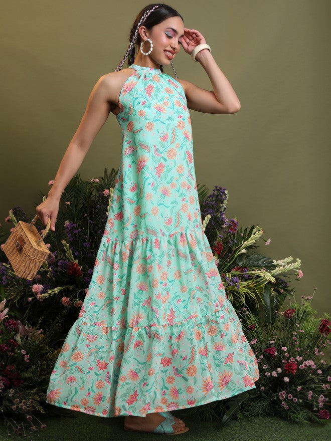 Vishudh Women Aqua Printed Maxi Dress - Blue - Image 6