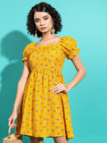 Vishudh Women Mustard Printed A-Line Dress - Mustard - Image 1