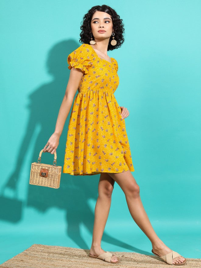 Vishudh Women Mustard Printed A-Line Dress - Mustard - Image 2