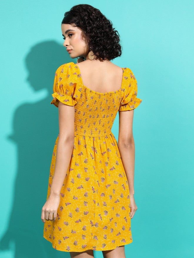Vishudh Women Mustard Printed A-Line Dress - Mustard - Image 3