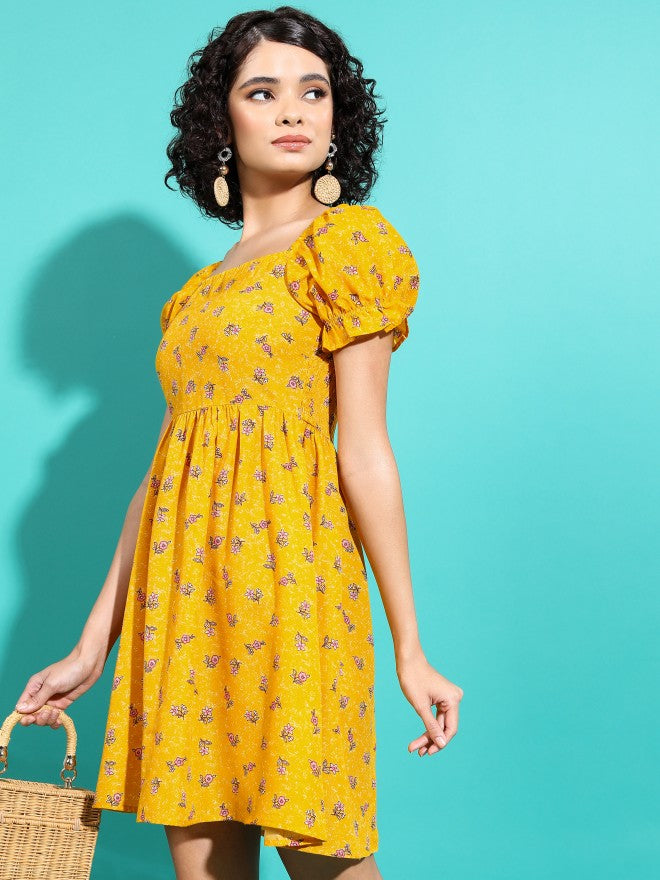 Vishudh Women Mustard Printed A-Line Dress - Mustard - Image 4