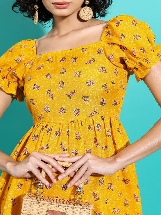 Vishudh Women Mustard Printed A-Line Dress - Mustard - Image 5