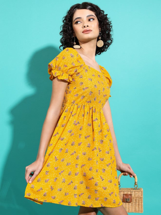 Vishudh Women Mustard Printed A-Line Dress - Mustard - Image 6
