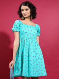 Vishudh women Teal Printed A-Line Dress - Teal - Image 1