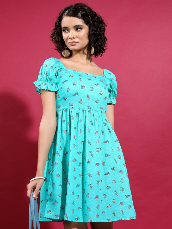 Vishudh women Teal Printed A-Line Dress - Teal - Image 1