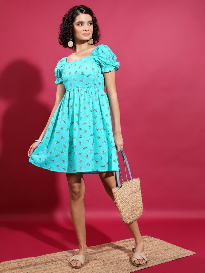 Vishudh women Teal Printed A-Line Dress - Teal - Image 2