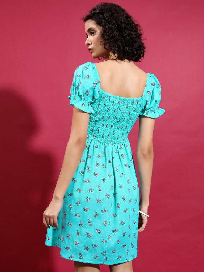 Vishudh women Teal Printed A-Line Dress - Teal - Image 3
