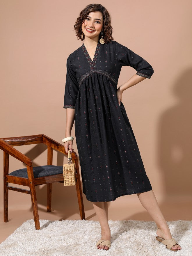 Vishudh Women Black Printed A-Line Dress - Black - Image 1