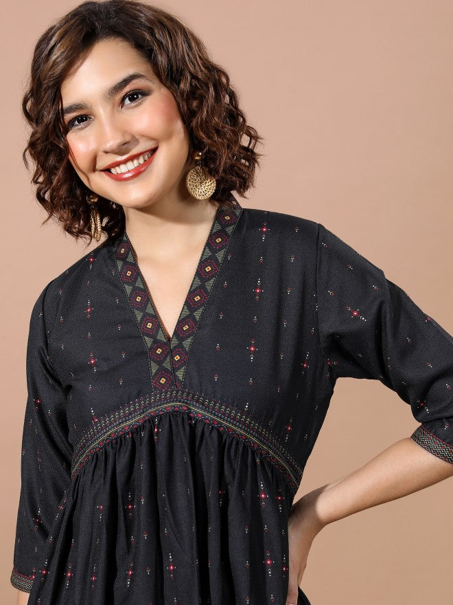 Vishudh Women Black Printed A-Line Dress - Black - Image 2