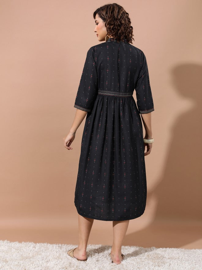 Vishudh Women Black Printed A-Line Dress - Black - Image 3
