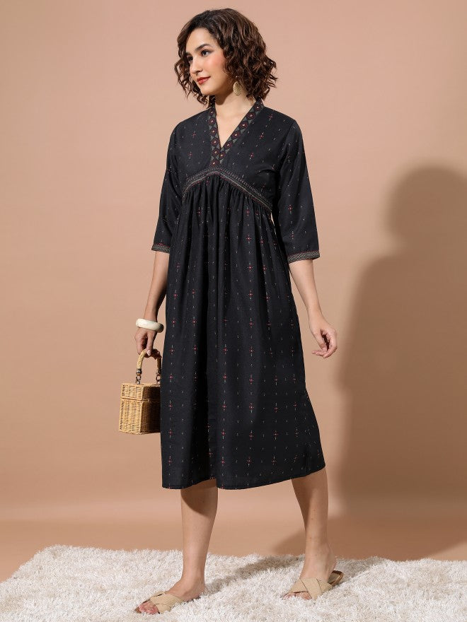 Vishudh Women Black Printed A-Line Dress - Black - Image 4