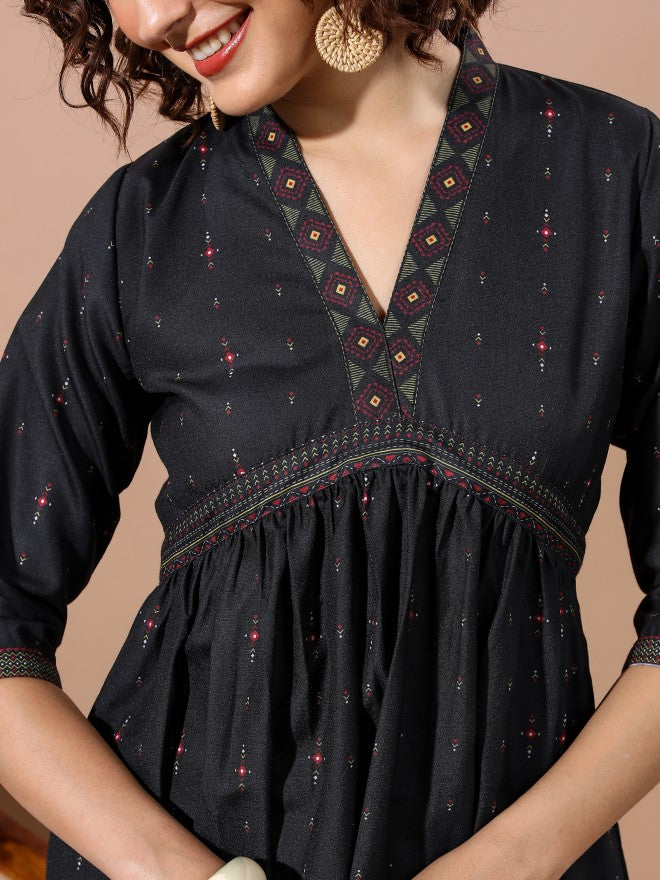 Vishudh Women Black Printed A-Line Dress - Black - Image 5