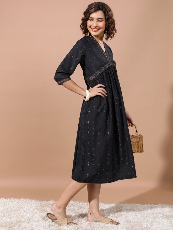Vishudh Women Black Printed A-Line Dress - Black - Image 6