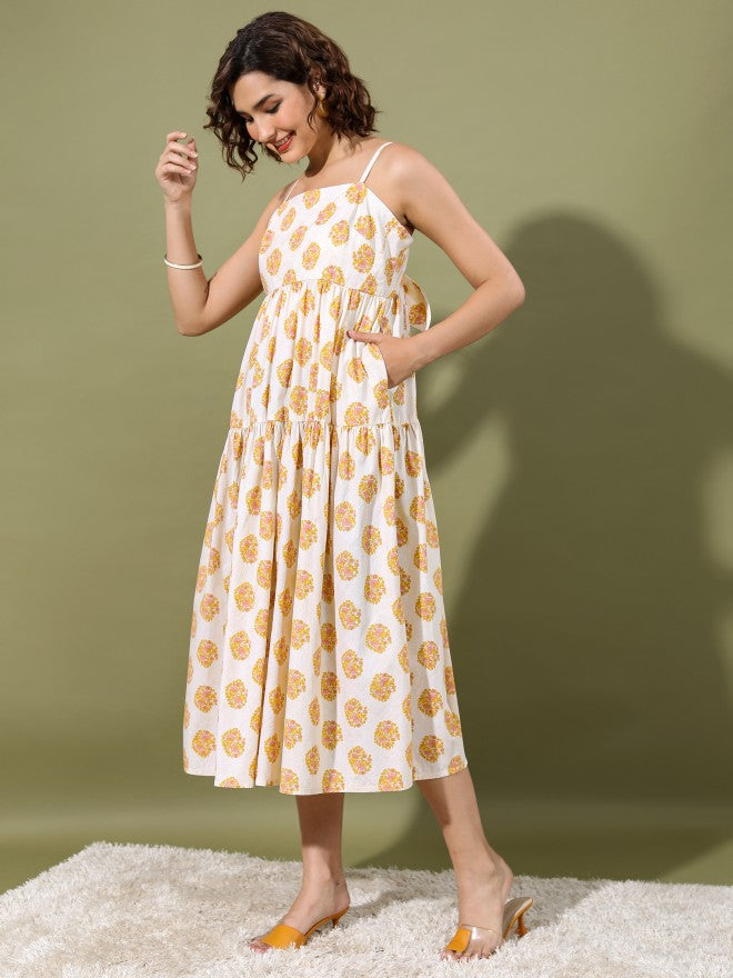 Vishudh women Cream Printed Maxi Dress - Cream - Image 4