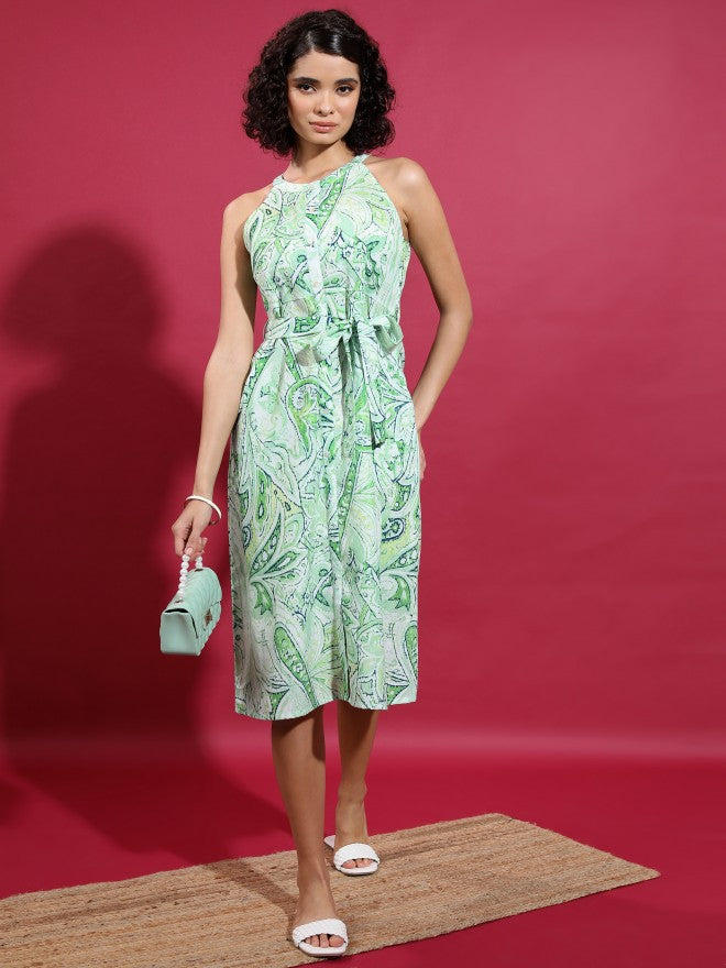 Vishudh Women Green Printed A-Line Dress - Green - Image 1