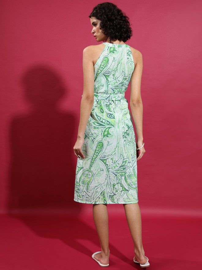 Vishudh Women Green Printed A-Line Dress - Green - Image 3