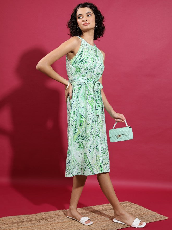 Vishudh Women Green Printed A-Line Dress - Green - Image 4