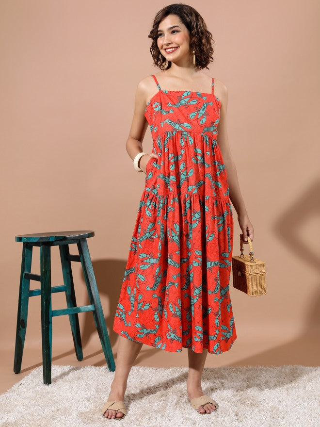 Vishudh Women Orange Printed Maxi Dress - Orange - Image 1