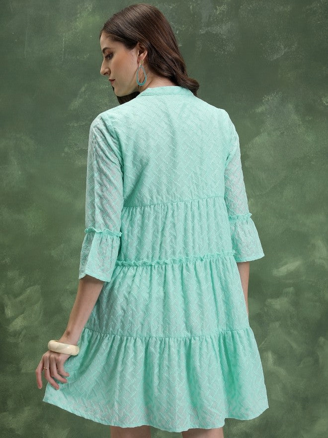 Vishudh Women Green Embroidered Fit & Flare Dress - Green - Image 3