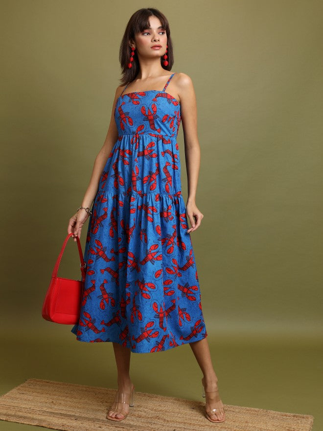 Vishudh Women Blue Printed A-Line Dress - Blue - Image 1