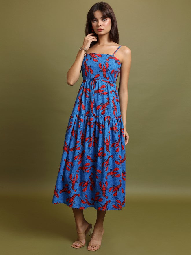 Vishudh Women Blue Printed A-Line Dress - Blue - Image 2