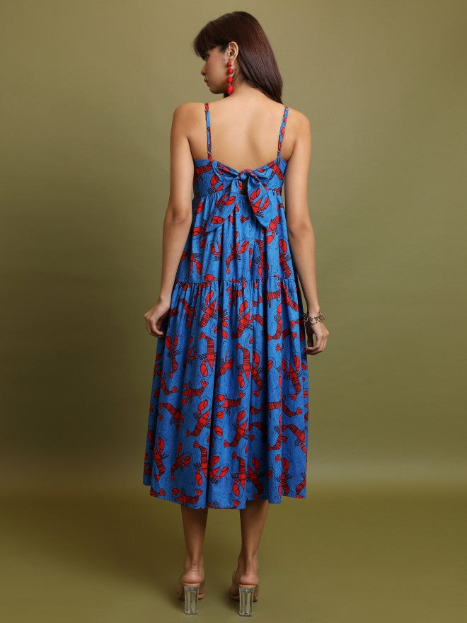 Vishudh Women Blue Printed A-Line Dress - Blue - Image 3
