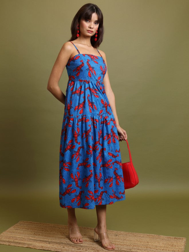 Vishudh Women Blue Printed A-Line Dress - Blue - Image 4