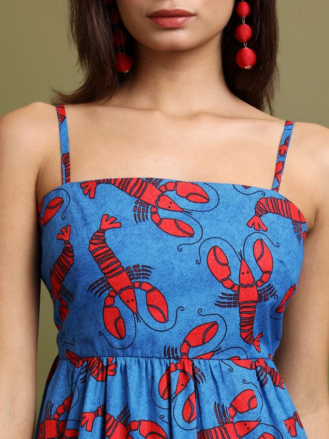 Vishudh Women Blue Printed A-Line Dress - Blue - Image 5