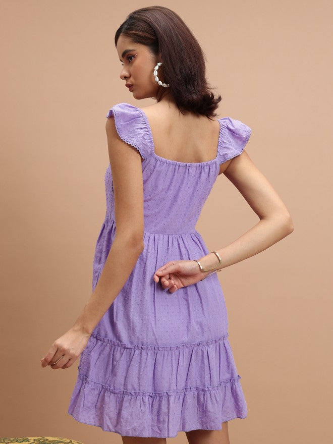 Vishudh Women Lavender Self Design A-Line Dress - Lavender - Image 3