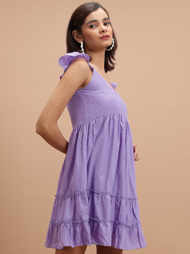 Vishudh Women Lavender Self Design A-Line Dress - Lavender - Image 6