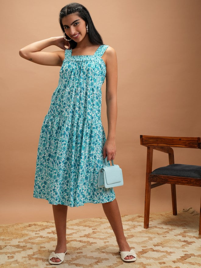 Vishudh Women Turquoise Printed A-Line Dresses - Turquoise - Image 1