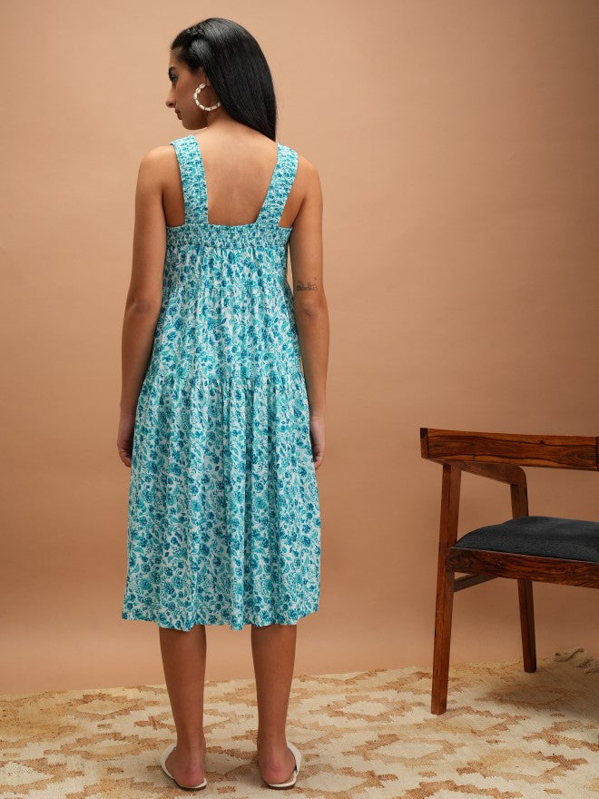 Vishudh Women Turquoise Printed A-Line Dresses - Turquoise - Image 3