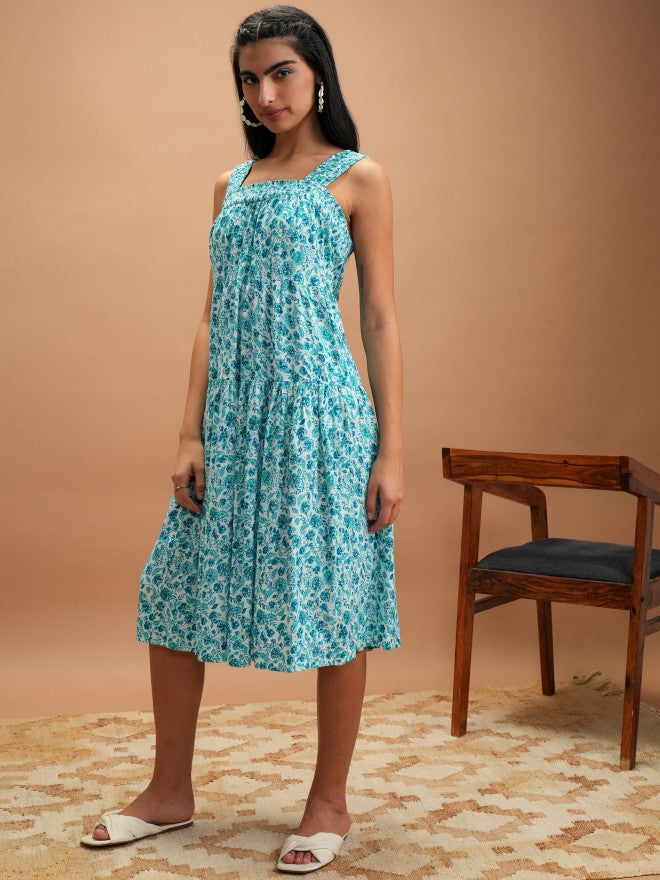 Vishudh Women Turquoise Printed A-Line Dresses - Turquoise - Image 4