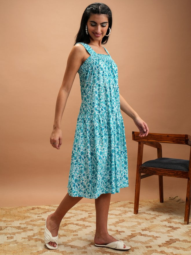Vishudh Women Turquoise Printed A-Line Dresses - Turquoise - Image 6