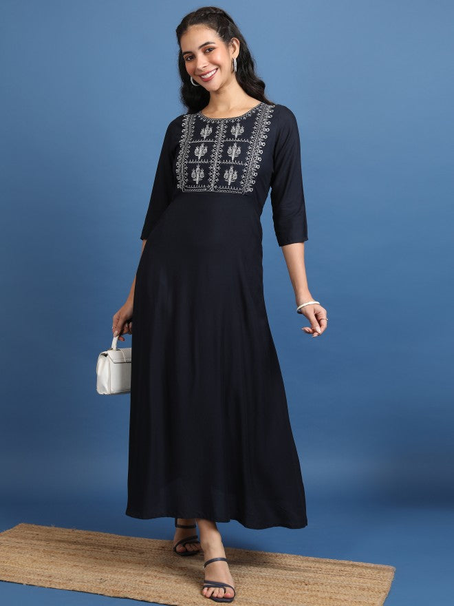 Vishudh Women Navy Embroidered Maxi Dress - Navy Blue - Image 1