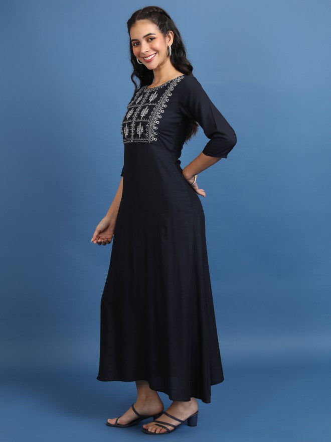 Vishudh Women Navy Embroidered Maxi Dress - Navy Blue - Image 2