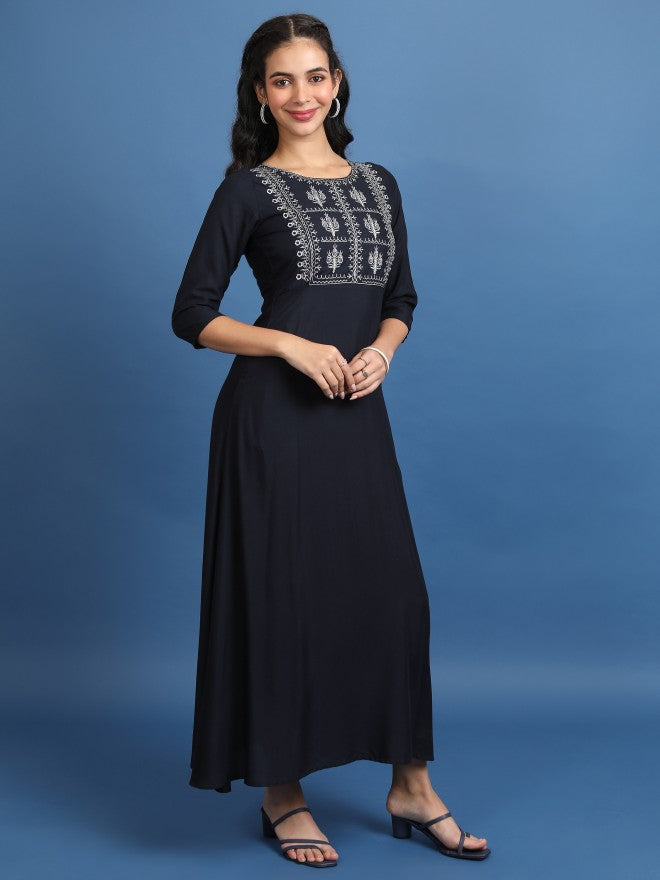 Vishudh Women Navy Embroidered Maxi Dress - Navy Blue - Image 4