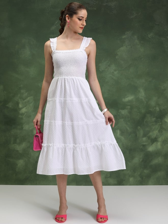 Vishudh Women White Self Design A-Line Dress - White - Image 1