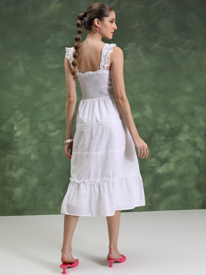 Vishudh Women White Self Design A-Line Dress - White - Image 3