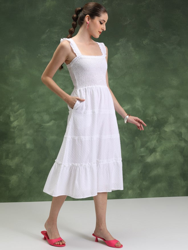 Vishudh Women White Self Design A-Line Dress - White - Image 4