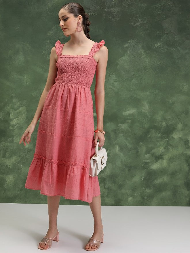 Vishudh Women Pink Self Design A-Line Dress - Pink - Image 1