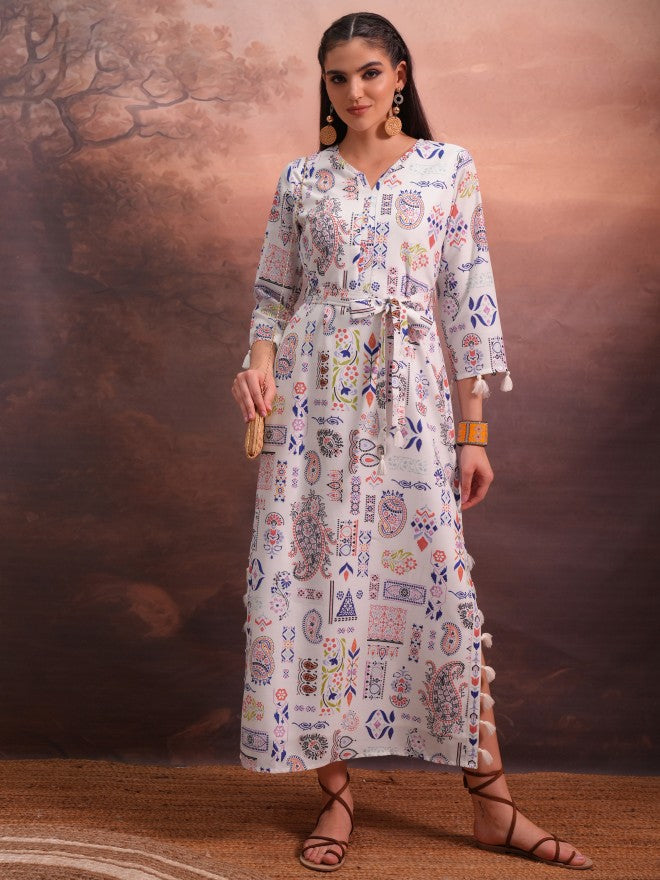 Vishudh Women White Printed A-Line Dress - White - Image 1