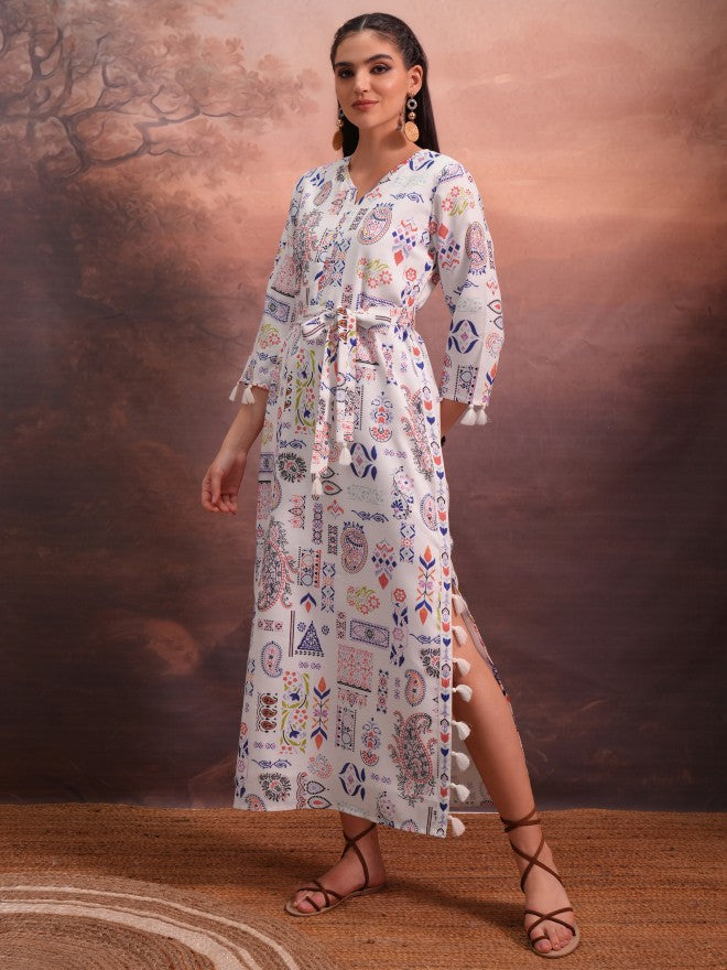 Vishudh Women White Printed A-Line Dress - White - Image 2