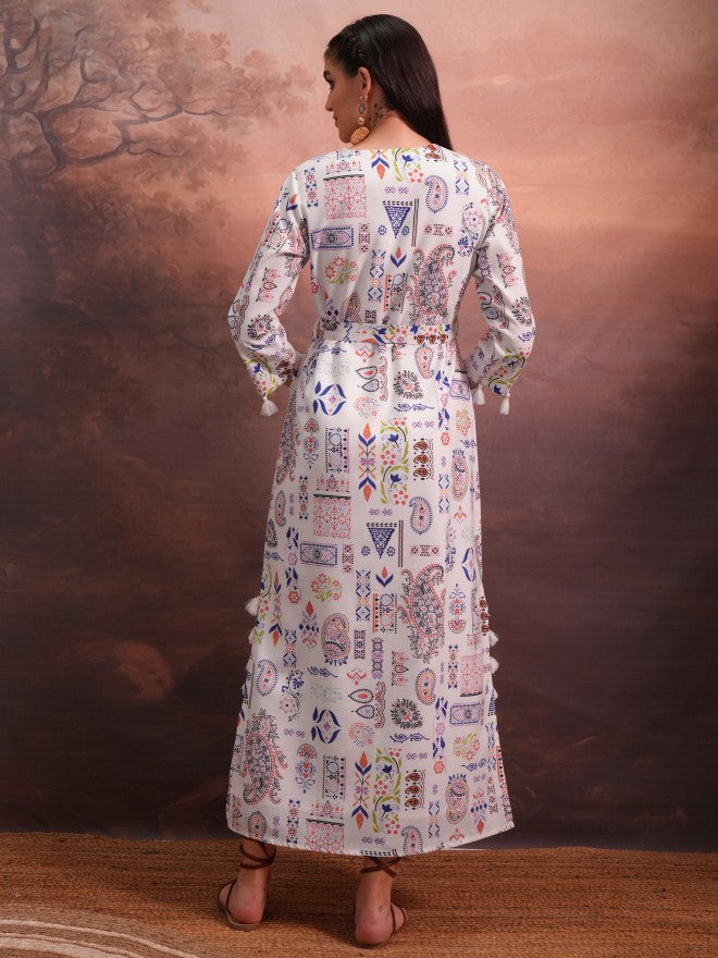 Vishudh Women White Printed A-Line Dress - White - Image 3