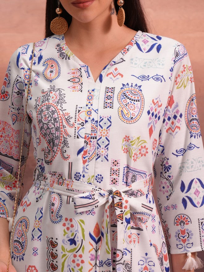 Vishudh Women White Printed A-Line Dress - White - Image 5