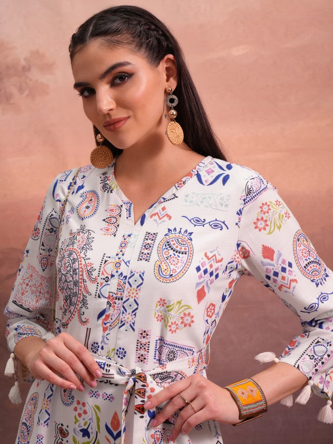 Vishudh Women White Printed A-Line Dress - White - Image 6