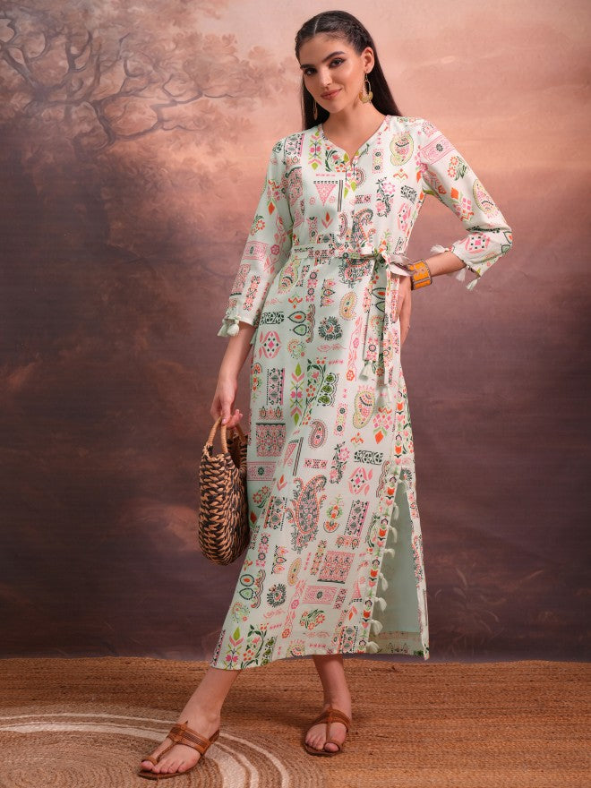 Vishudh Women Green Printed A-Line Dress - Green - Image 1