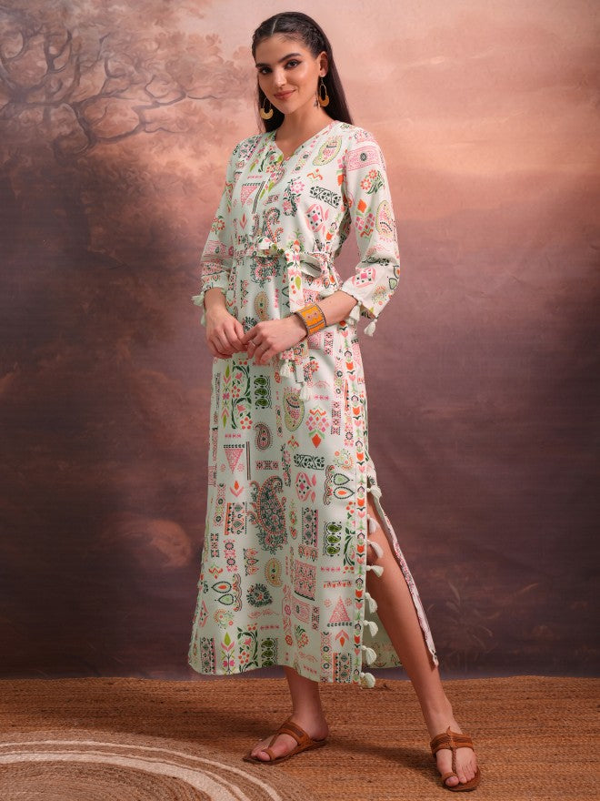 Vishudh Women Green Printed A-Line Dress - Green - Image 2