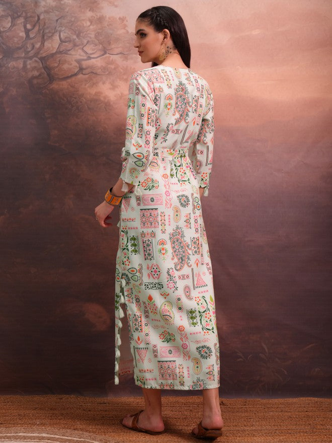 Vishudh Women Green Printed A-Line Dress - Green - Image 3